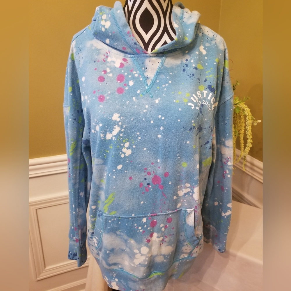 Justice Active Girls Blue Multicolor Tie Dye Long Sleeve Hoodie Front Pocket